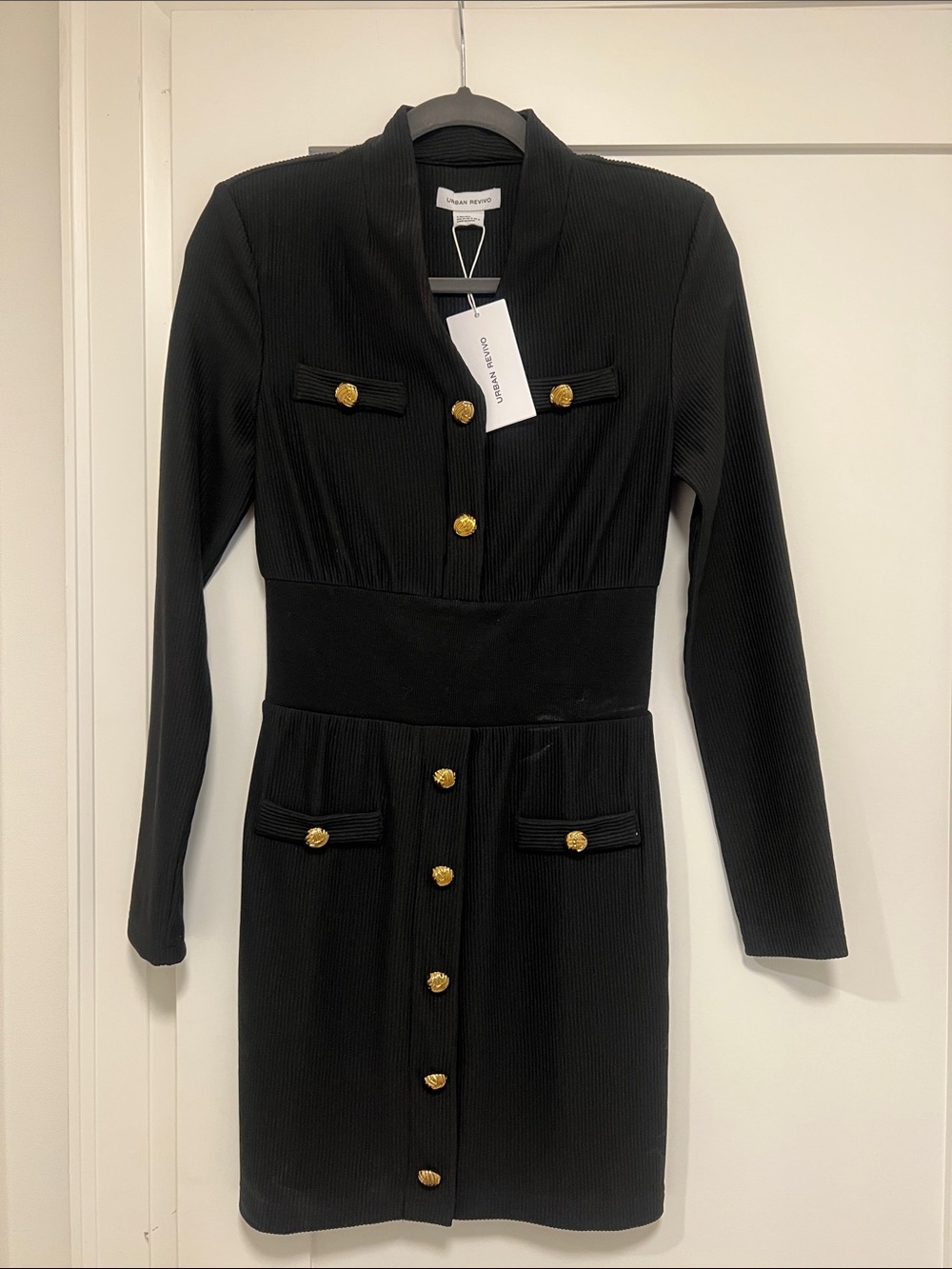 Chic Black Long-Sleeve Button-Front Dress with Gold Accents